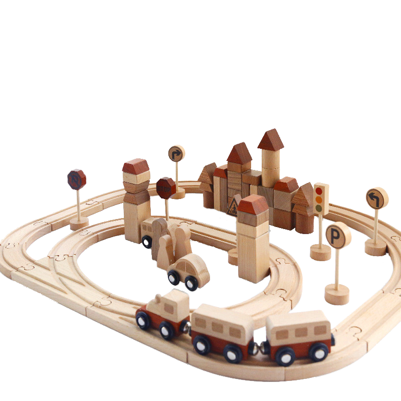 Holz Eisenbahn mit Stadtbausteinen