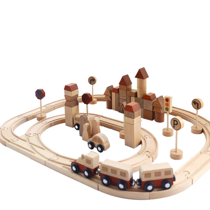 Holz Eisenbahn mit Stadtbausteinen